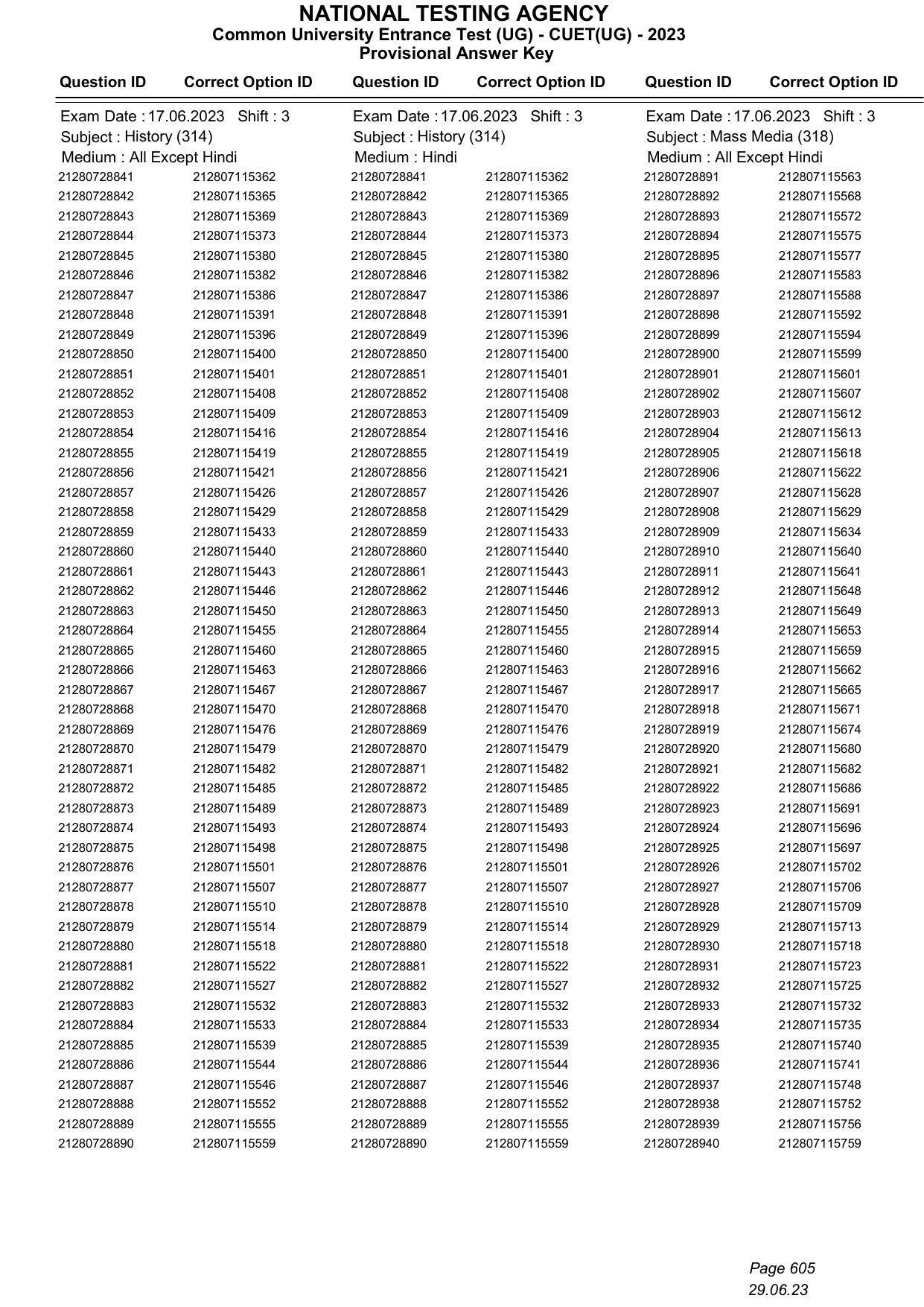 CUET 2023 Answer Key - Page 605
