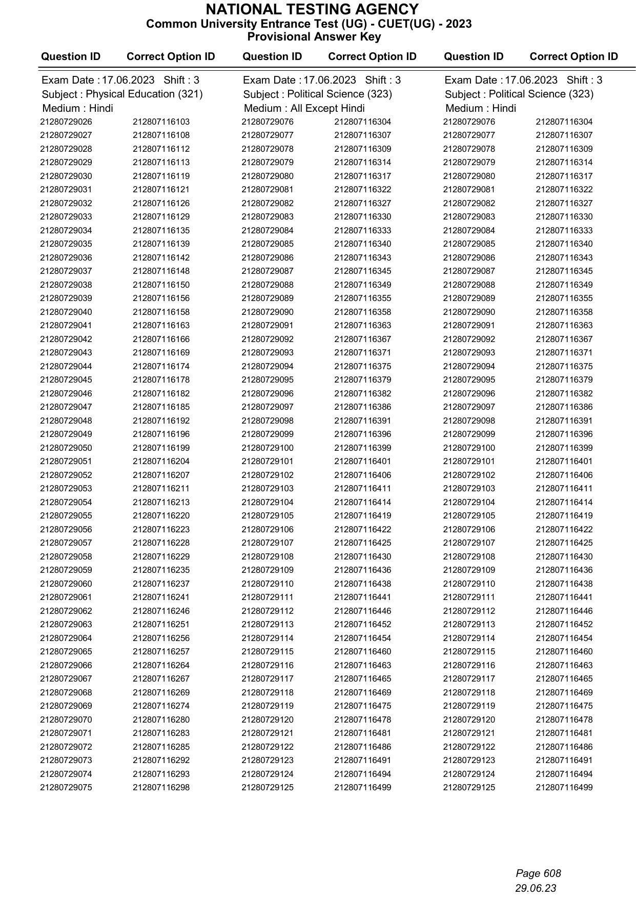 CUET 2023 Answer Key - Page 608