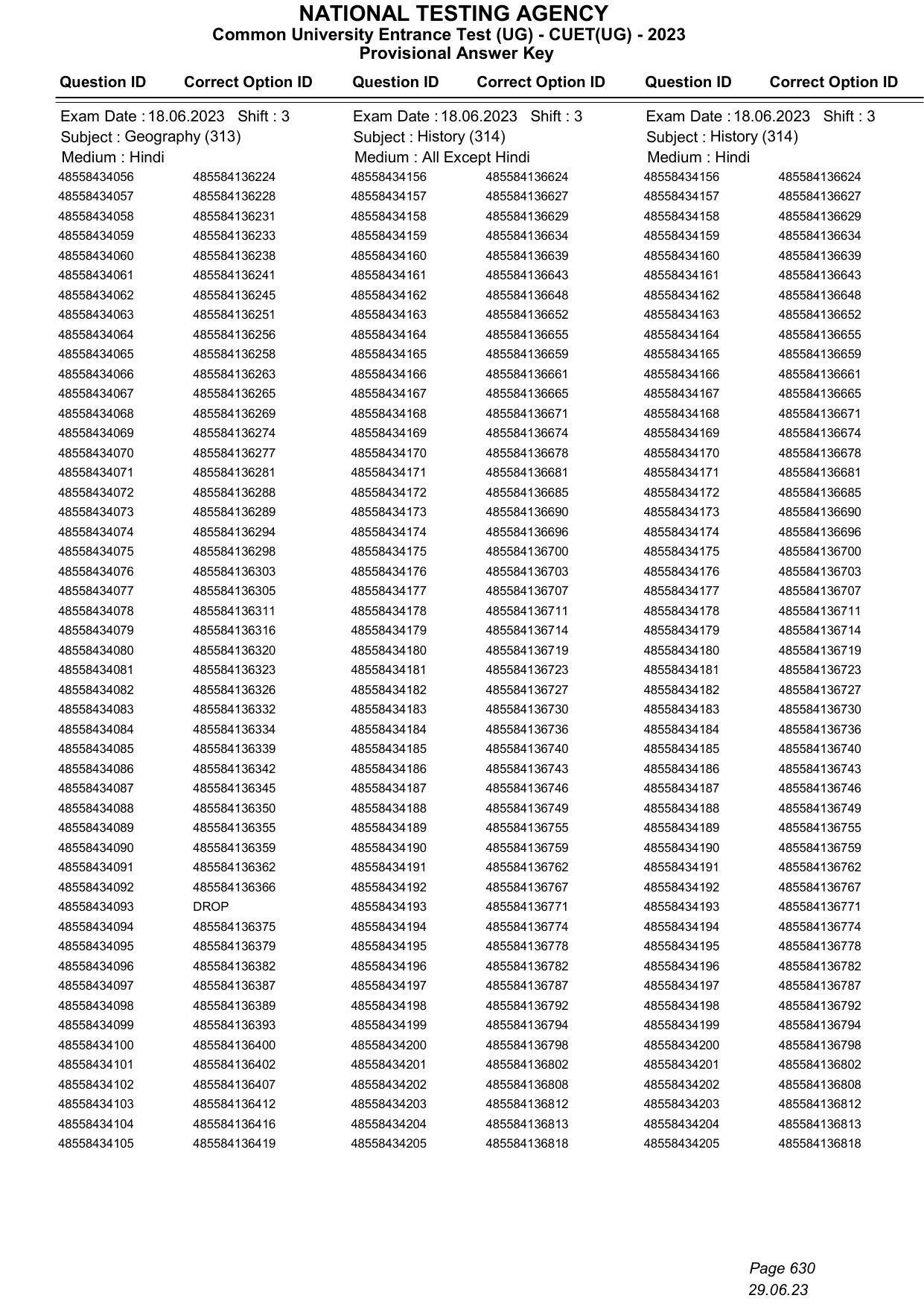 CUET 2023 Answer Key - Page 630