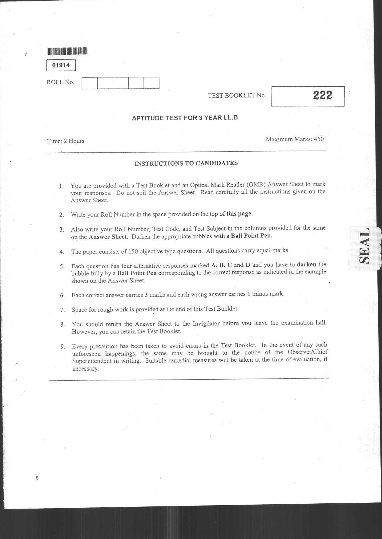 CUSAT CAT 2014 3 YEAR LL.B Question Paper - Page 1