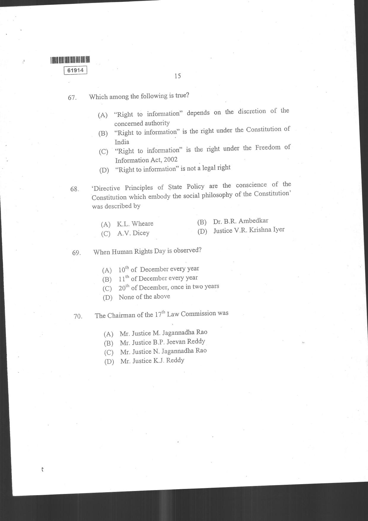 CUSAT CAT 2014 3 YEAR LL.B Question Paper - Page 17