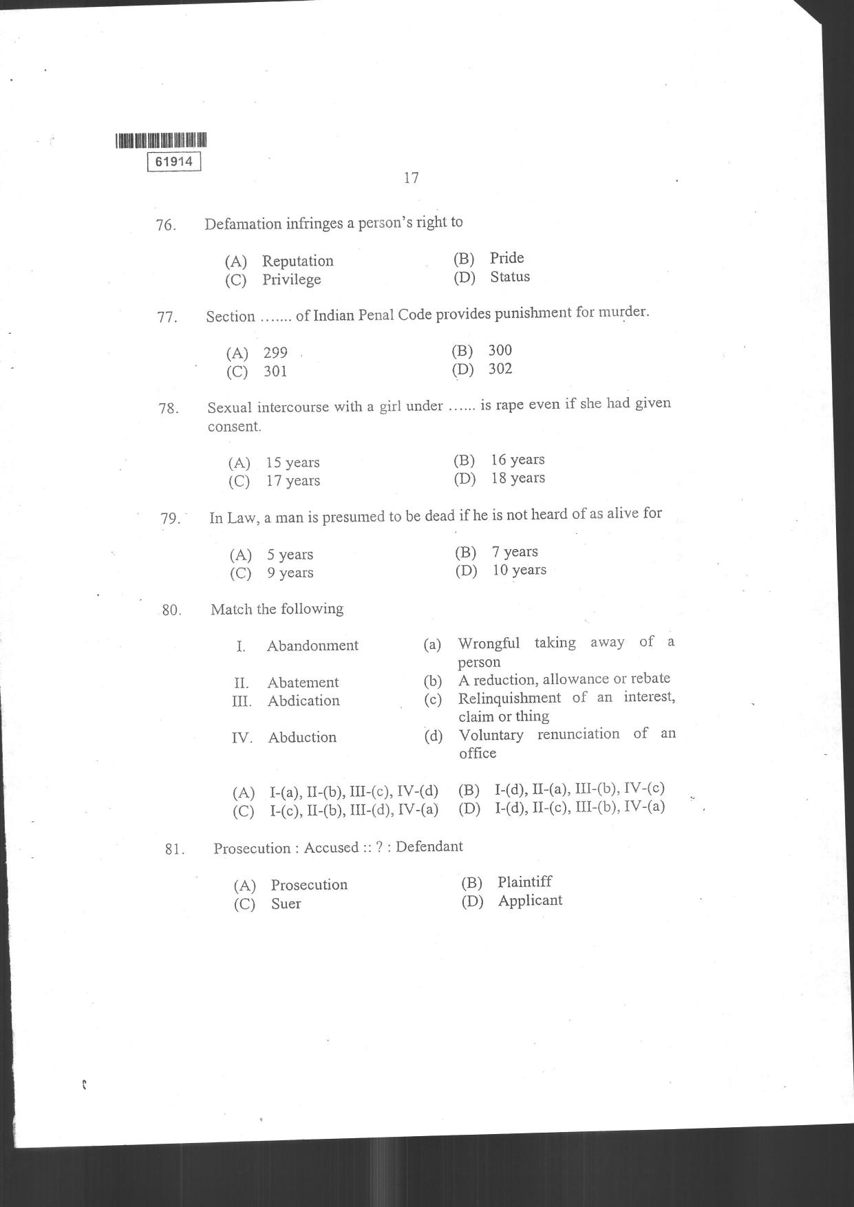CUSAT CAT 2014 3 YEAR LL.B Question Paper - Page 19