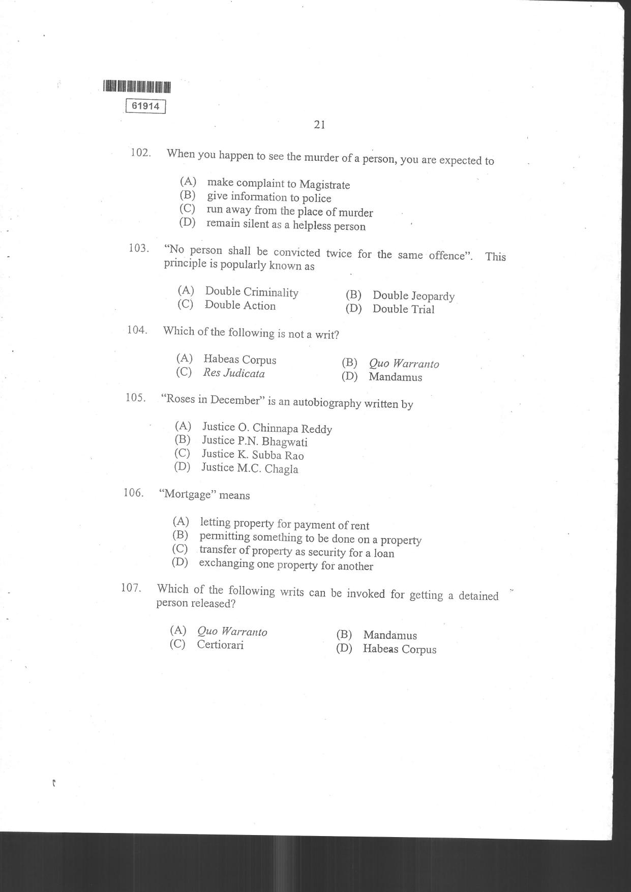 CUSAT CAT 2014 3 YEAR LL.B Question Paper - Page 23