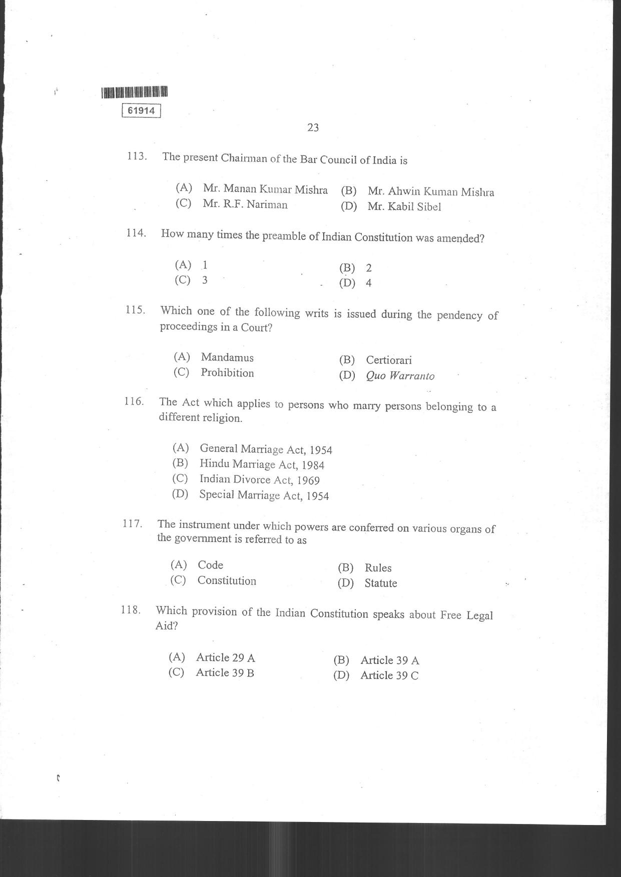 CUSAT CAT 2014 3 YEAR LL.B Question Paper - Page 25