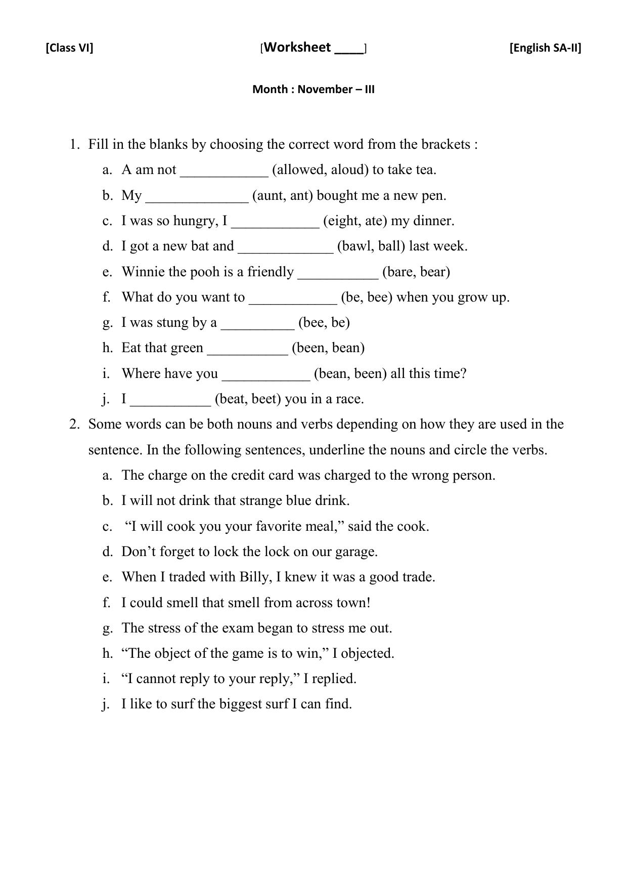 CBSE Worksheets for Class 6 English SA2 Practice Assignment 4 - Page 1