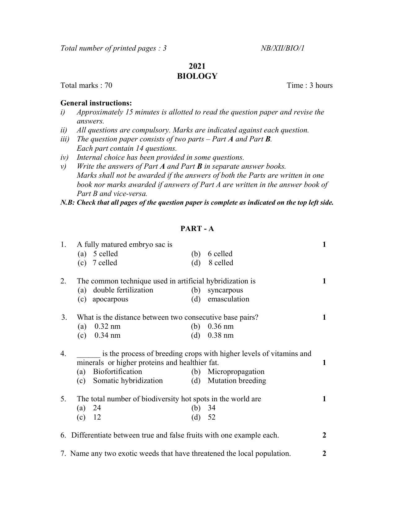 Nagaland Board Class 12 Biology 2021 Question Paper - Page 1