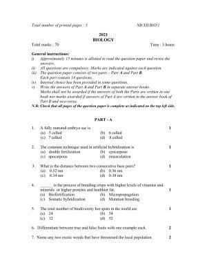 Nagaland Board Class 12 Biology 2021 Question Paper