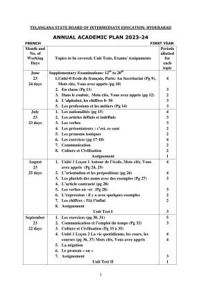 Telangana Board: TS Inter 1st Year FRENCH Syllabus