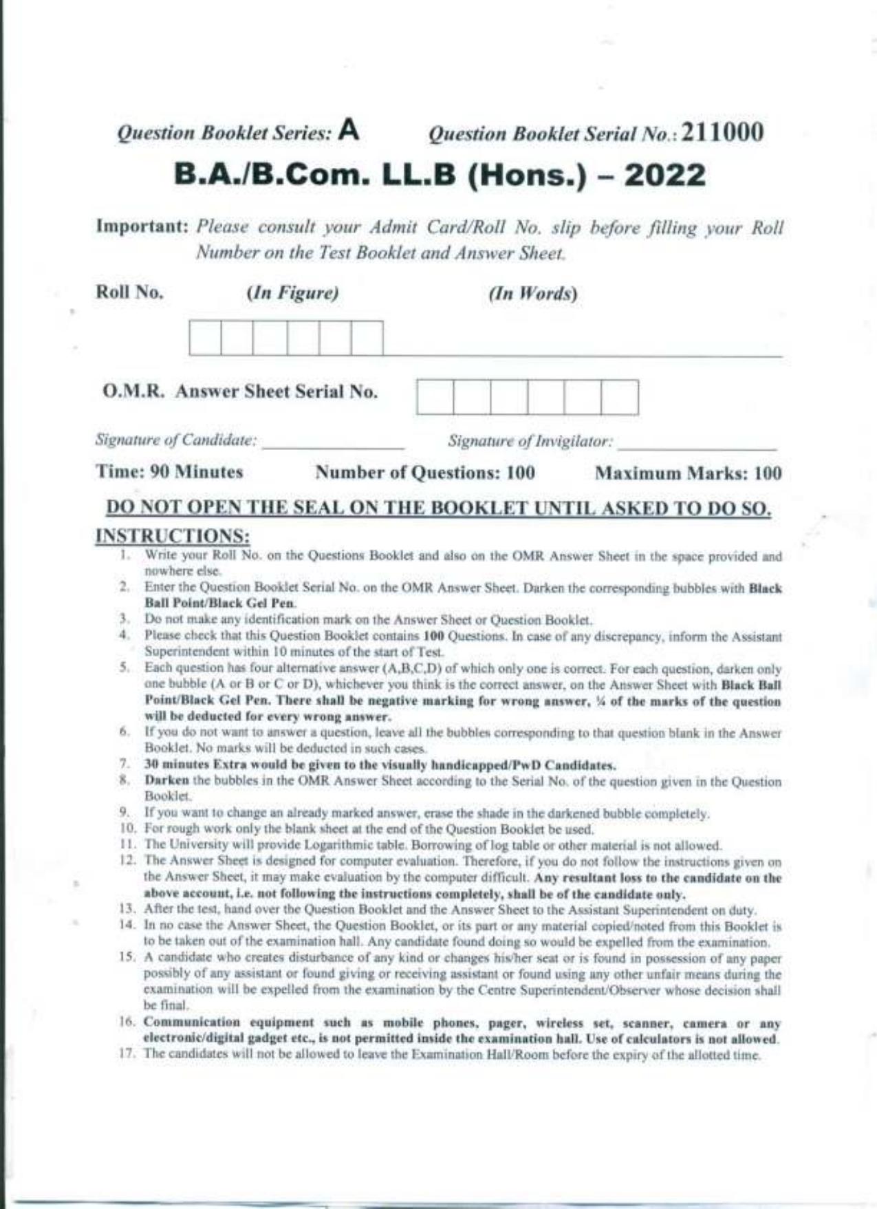 PU B.A./B.Com. LLB. (Hons.) 2022 Question Paper - Page 1