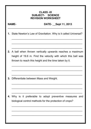 CBSE Worksheets for Class 9 Science Assignment 8