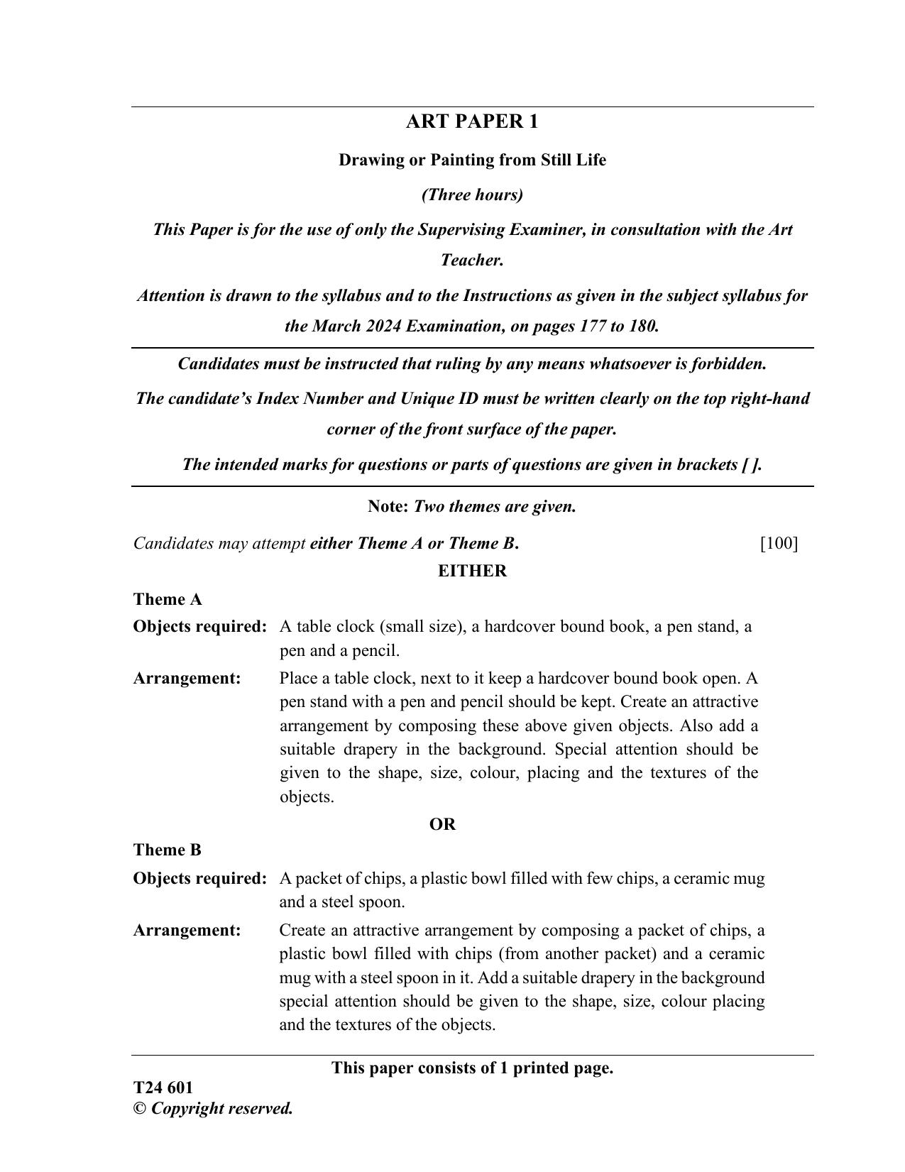ICSE Class 10 Art Paper 1 2024 Question Paper - Page 1