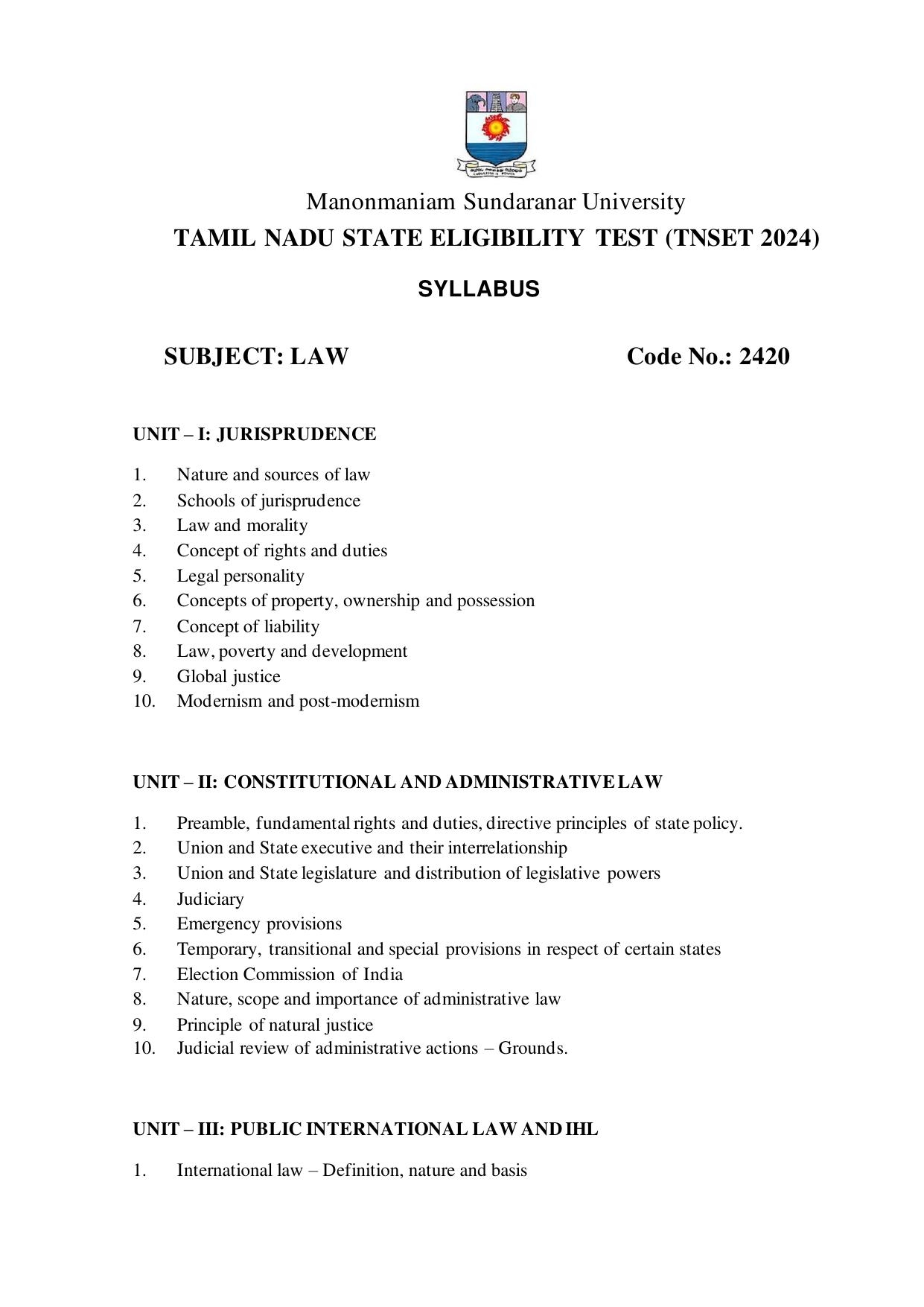 TNSET Syllabus - Law - Page 1
