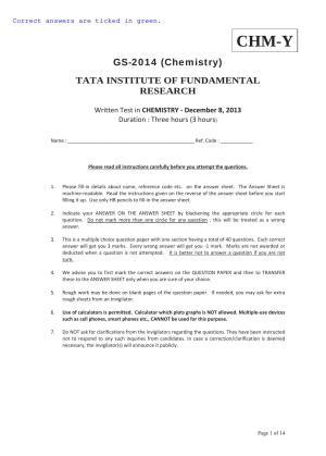 TIFR GS 2014 Chemistry Y Question Paper