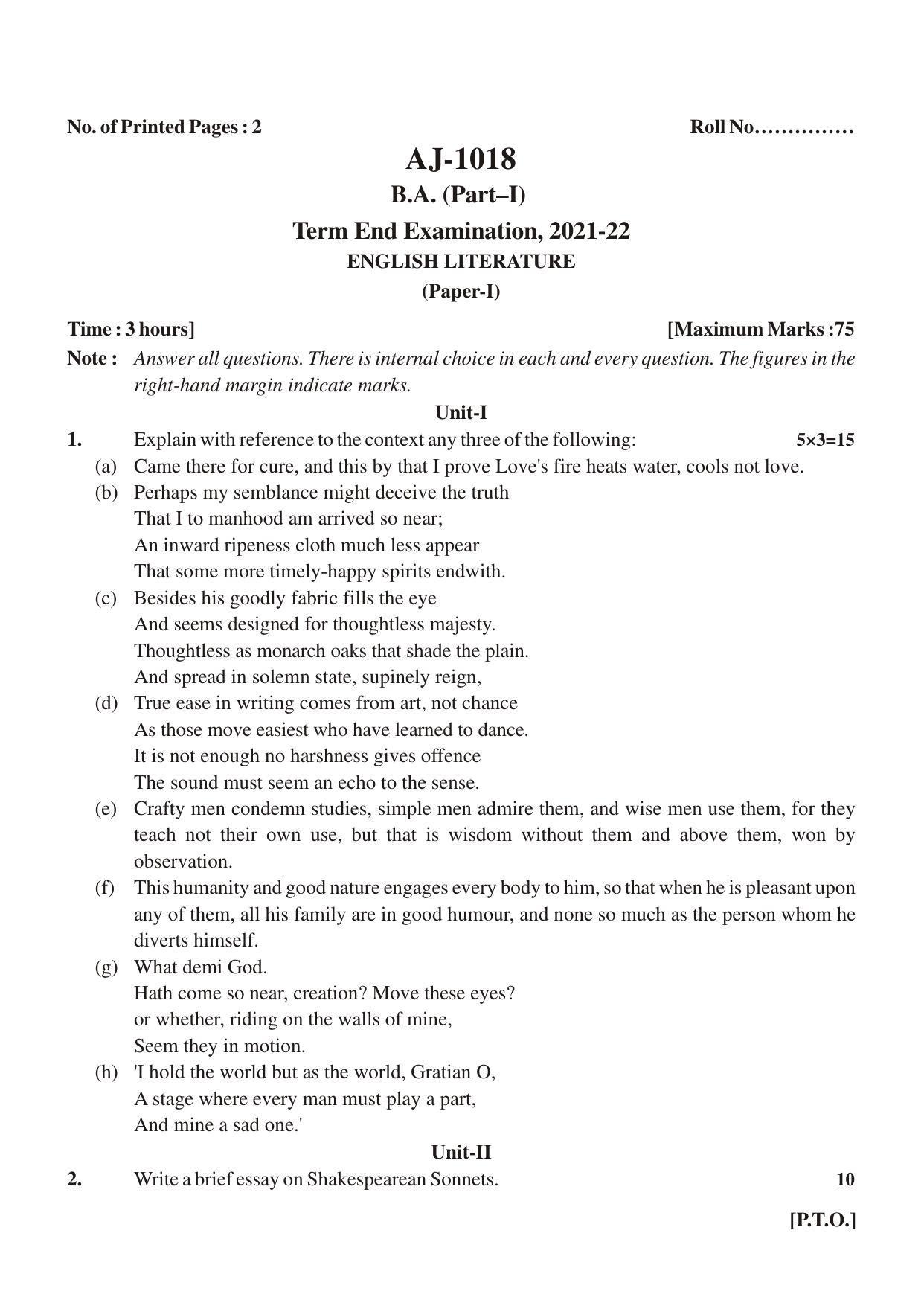 Bilaspur University Question Paper 2021-2022:B.A. Part-I (One) (Regular) English Literature Paper 1 - Page 1