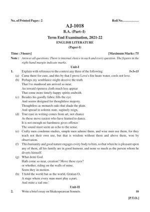 Bilaspur University Question Paper 2021-2022:B.A. Part-I (One) (Regular) English Literature Paper 1