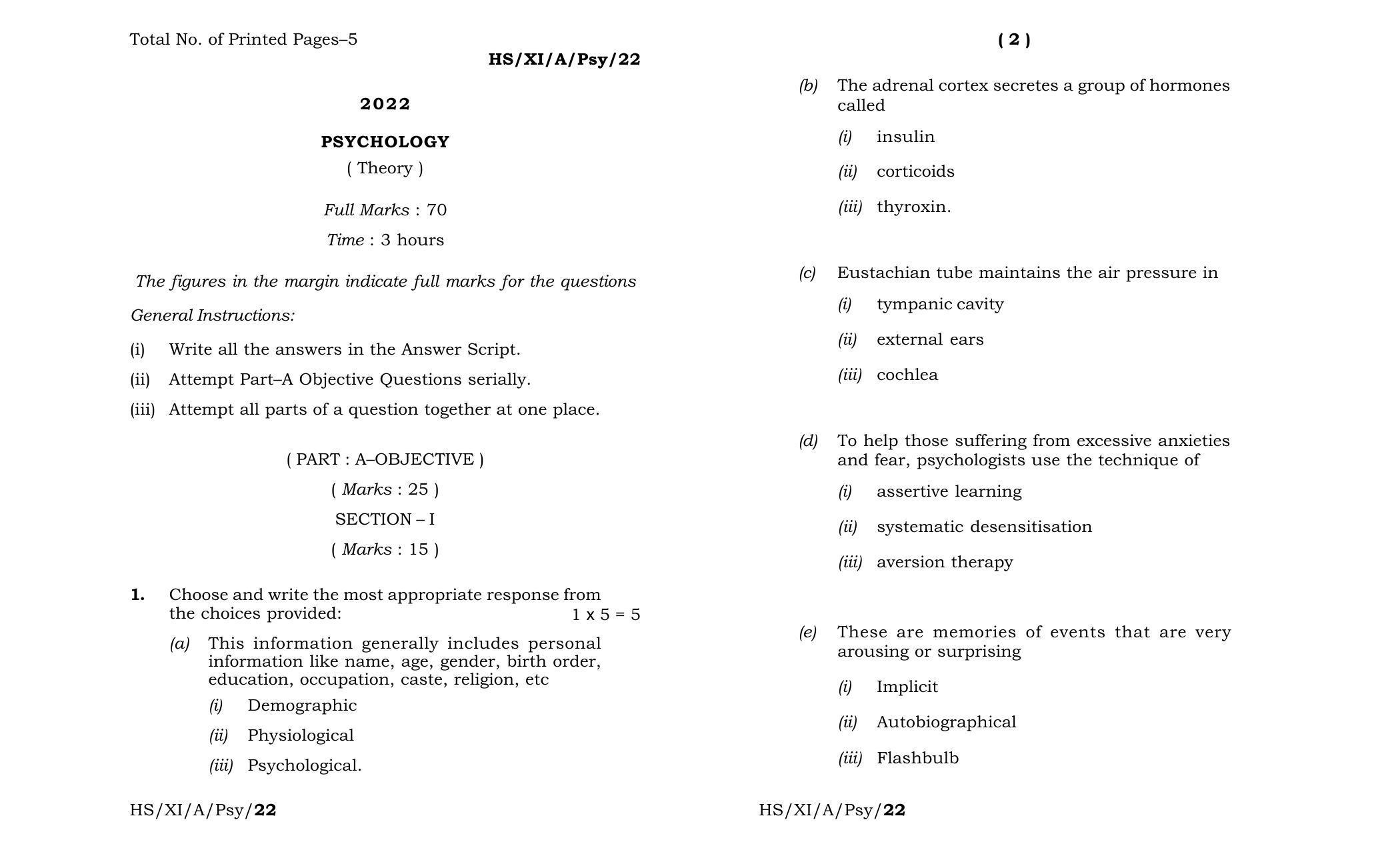 Meghalaya Board (MBOSE) Class 11 Psychology (theory) 2022 Question Paper - Page 1