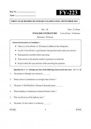 Kerala Plus One (Class 11th) English Literature Question Paper 2021
