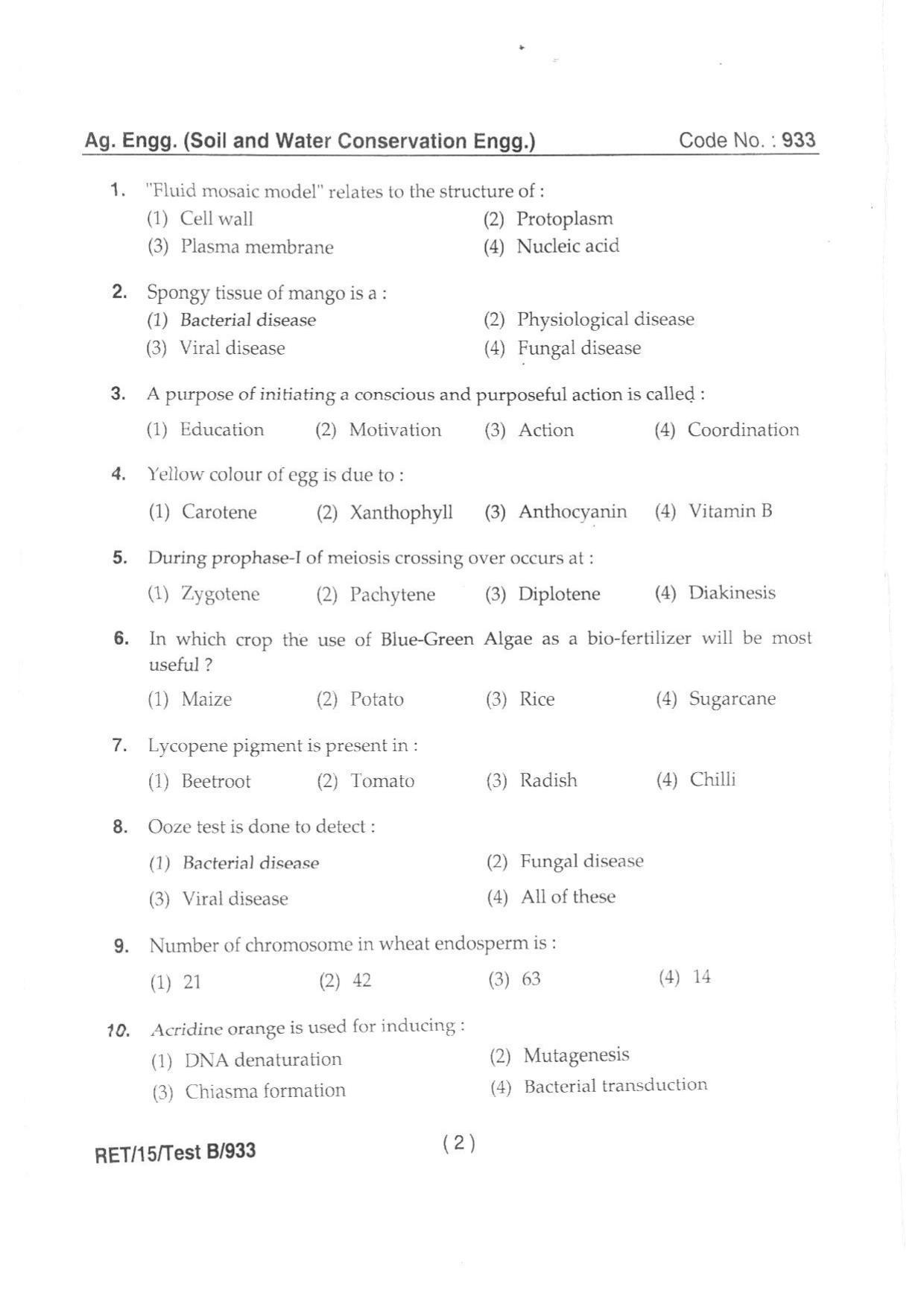 BHU RET AG. ENGG (SOIL & WATER CONSERVATION ENGG) 2015 Question Paper - Page 4