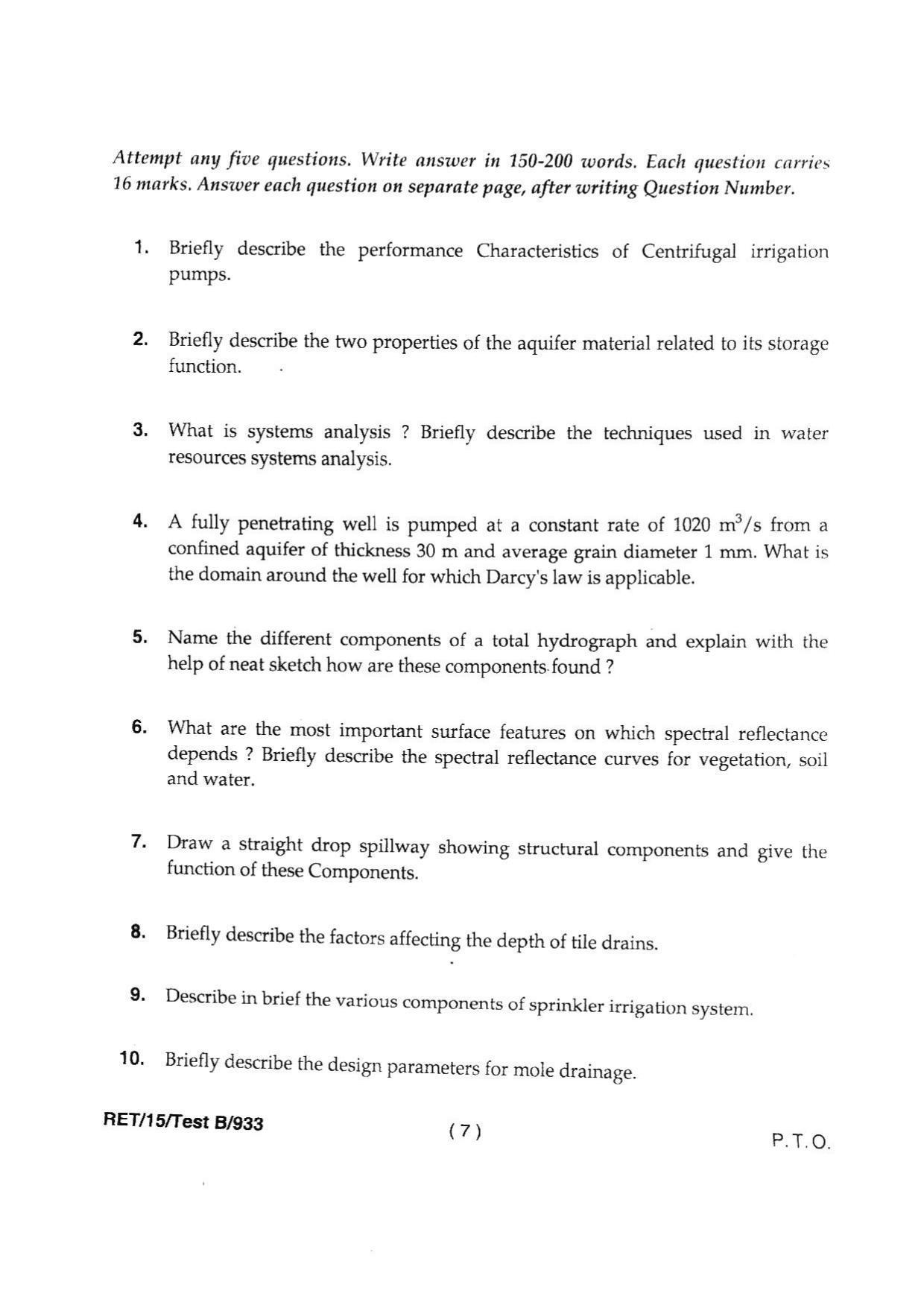 BHU RET AG. ENGG (SOIL & WATER CONSERVATION ENGG) 2015 Question Paper - Page 9