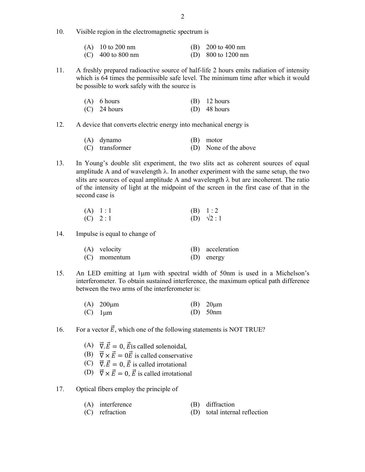 CUSAT CAT 2017 Instrumentation Question Paper - Page 2