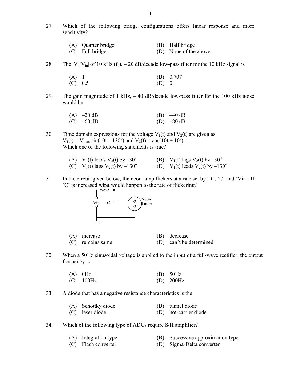 CUSAT CAT 2017 Instrumentation Question Paper - Page 4