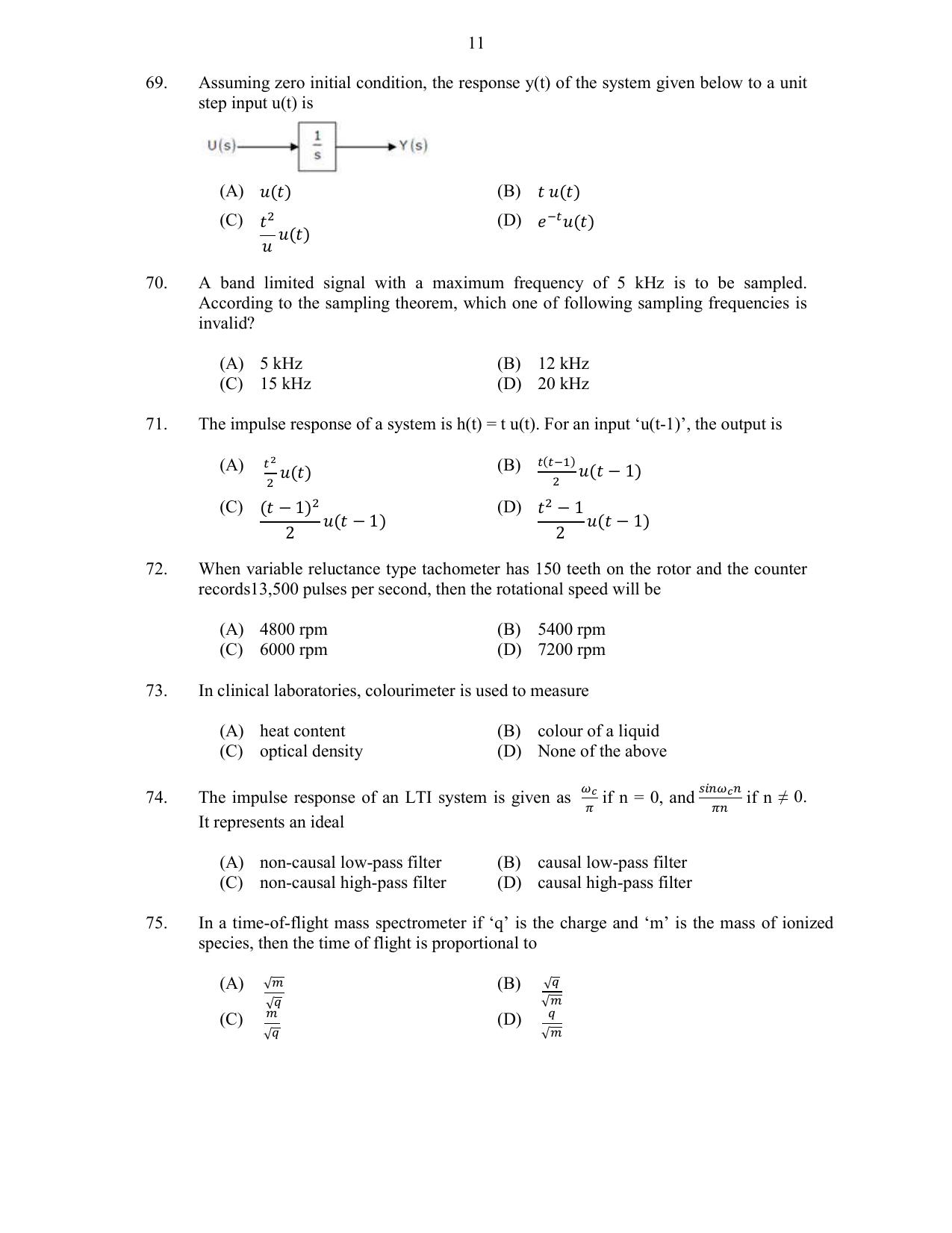 CUSAT CAT 2017 Instrumentation Question Paper - Page 11
