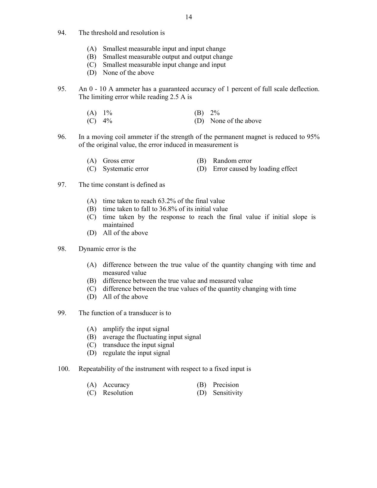 CUSAT CAT 2017 Instrumentation Question Paper - Page 14
