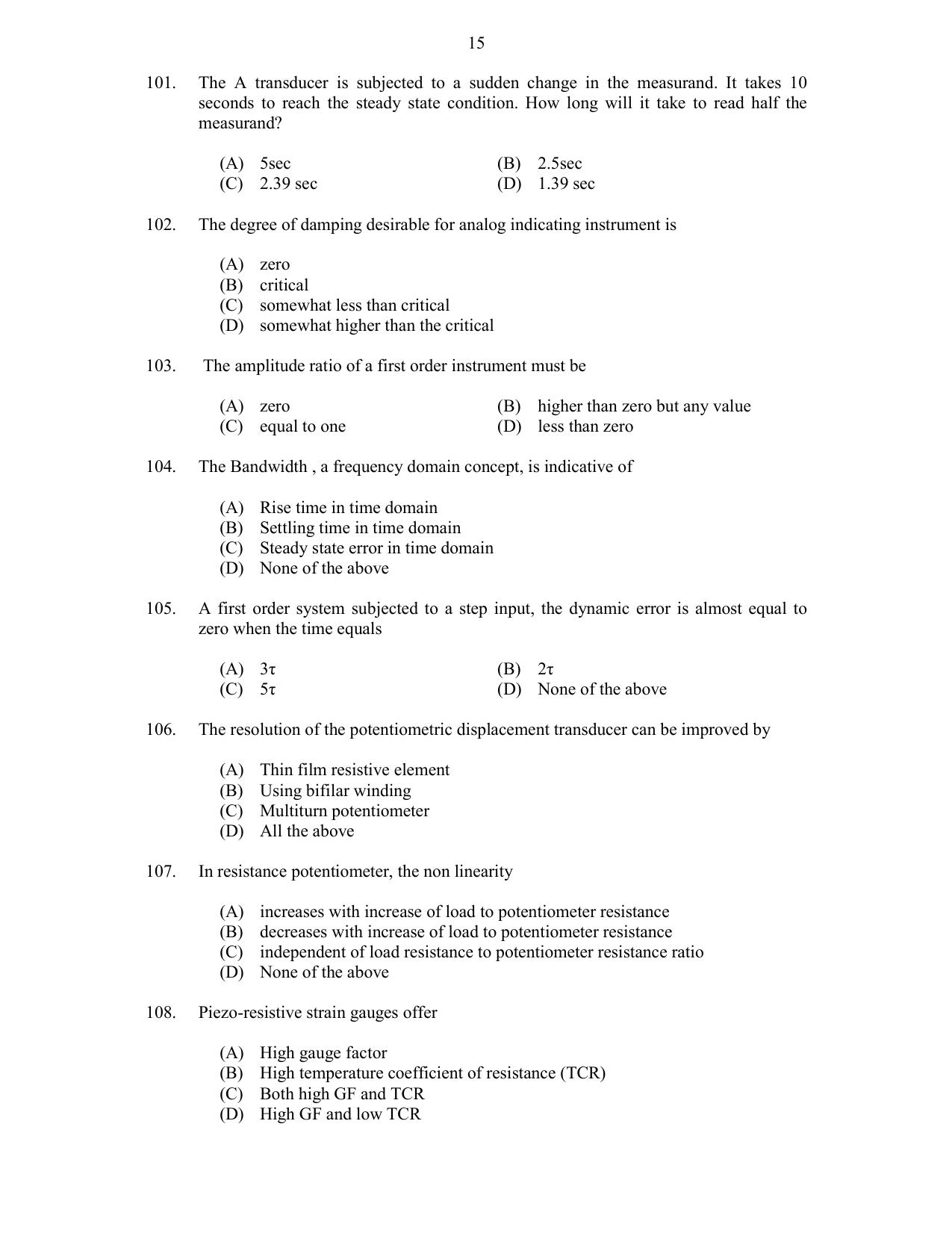 CUSAT CAT 2017 Instrumentation Question Paper - Page 15