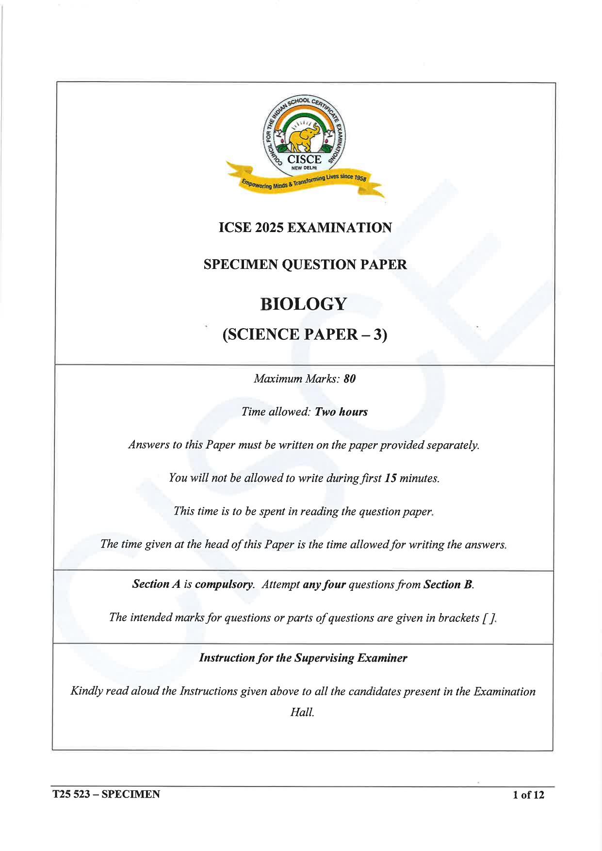 ICSE Class 10 2025 Biology (Science Paper 3) (QP & MS) Specimen Paper - Page 1