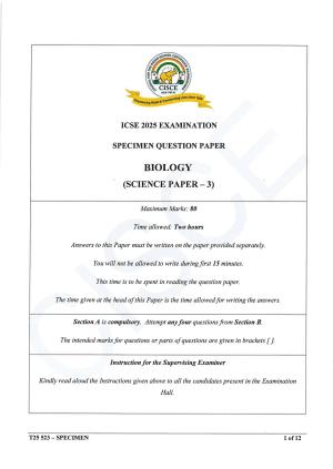 ICSE Class 10 2025 Biology (Science Paper 3) (QP & MS) Specimen Paper