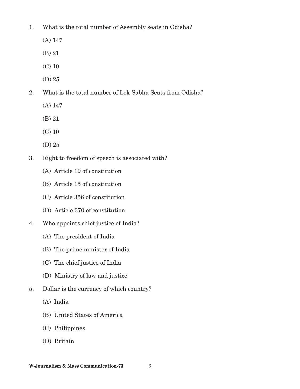 Odisha CPET 2022 JOURNALISM & MASS COMMUNICATION Question Paper - Page 2
