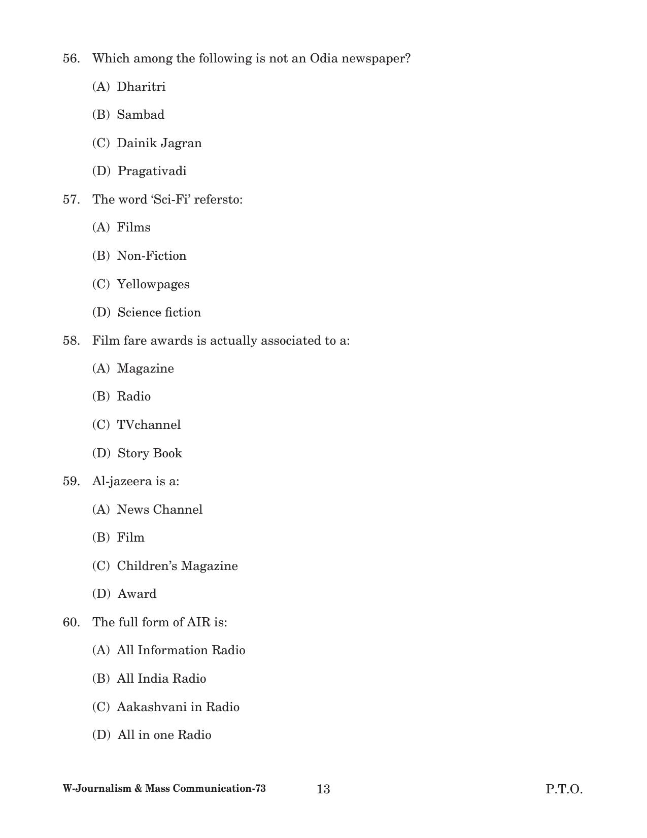 Odisha CPET 2022 JOURNALISM & MASS COMMUNICATION Question Paper - Page 13