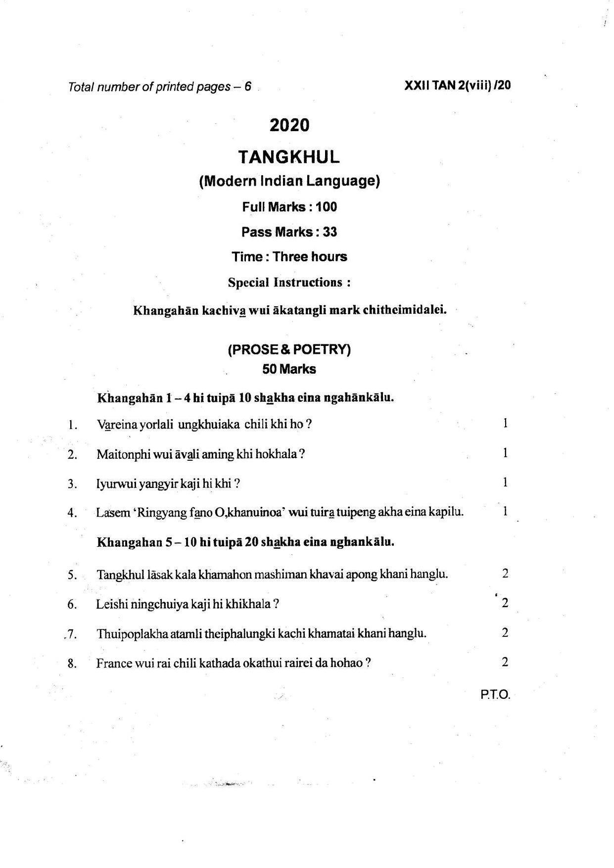 COHSEM Class 12 Tangkhul Question Papers 2020 - Page 1