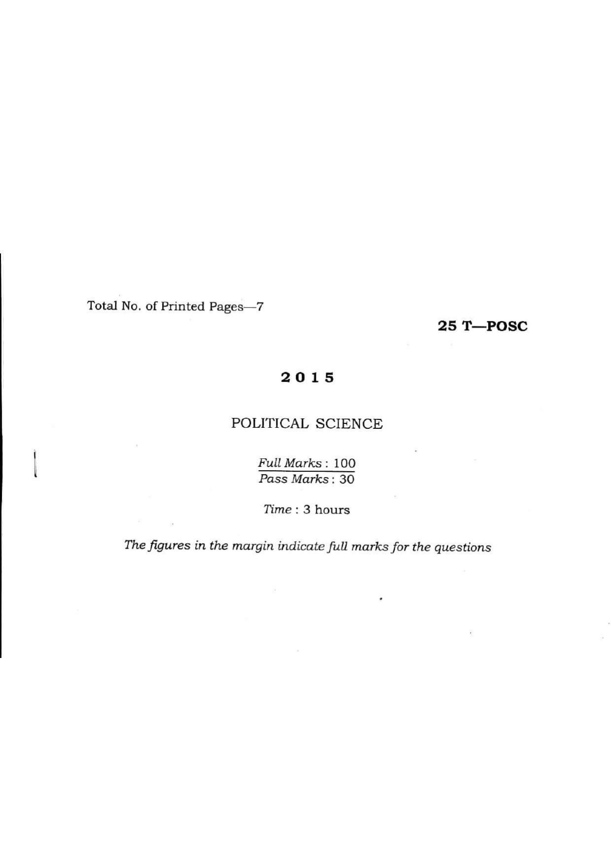 Assam HS 2nd Year Political Science 2015 Question Paper - Page 1
