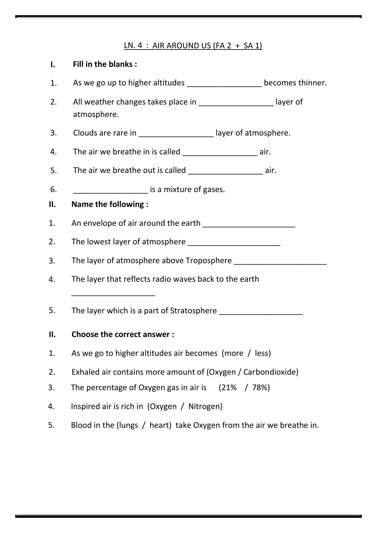 Worksheet for Class 5 Science Air Around Us Assignment 3 - Page 1
