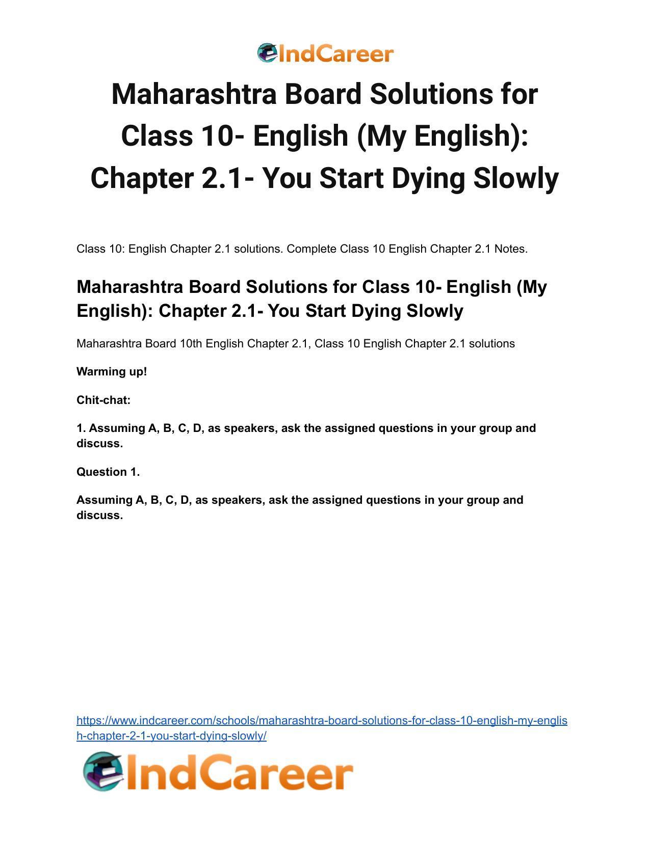 Maharashtra Board Solutions for Class 10- English (My English): Chapter 2.1- You Start Dying Slowly - Page 2