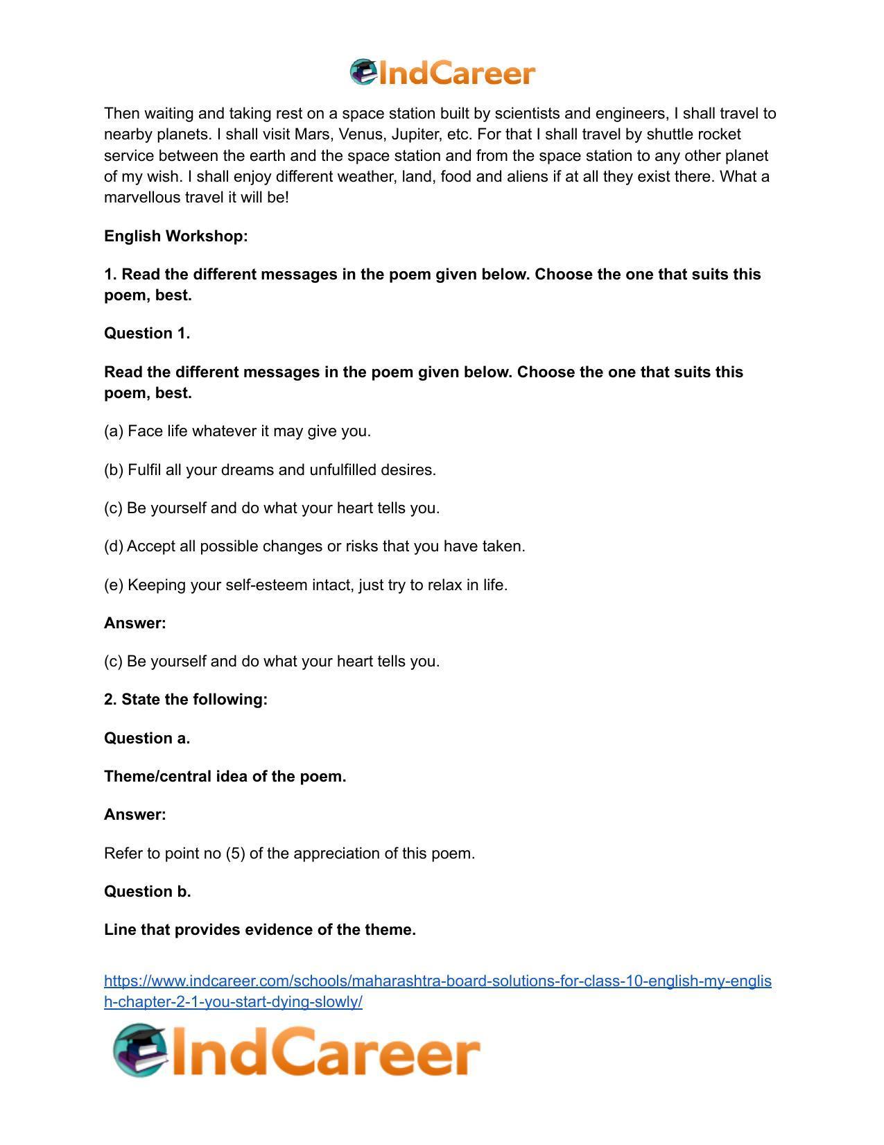 Maharashtra Board Solutions for Class 10- English (My English): Chapter 2.1- You Start Dying Slowly - Page 7