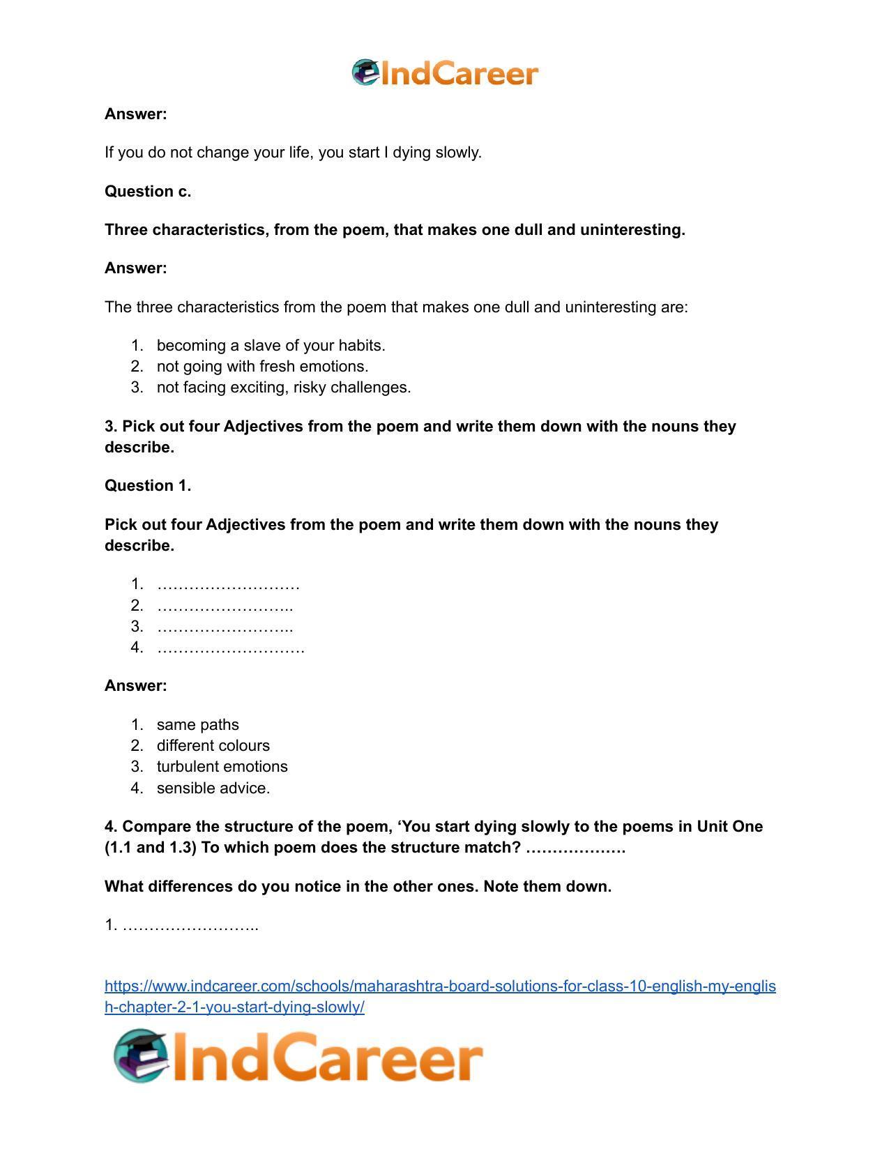 Maharashtra Board Solutions for Class 10- English (My English): Chapter 2.1- You Start Dying Slowly - Page 8