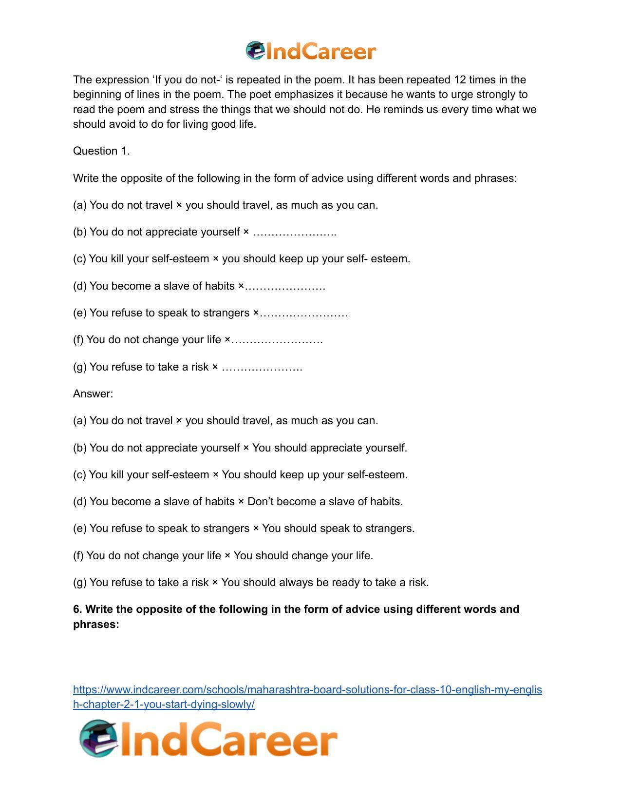 Maharashtra Board Solutions for Class 10- English (My English): Chapter 2.1- You Start Dying Slowly - Page 10