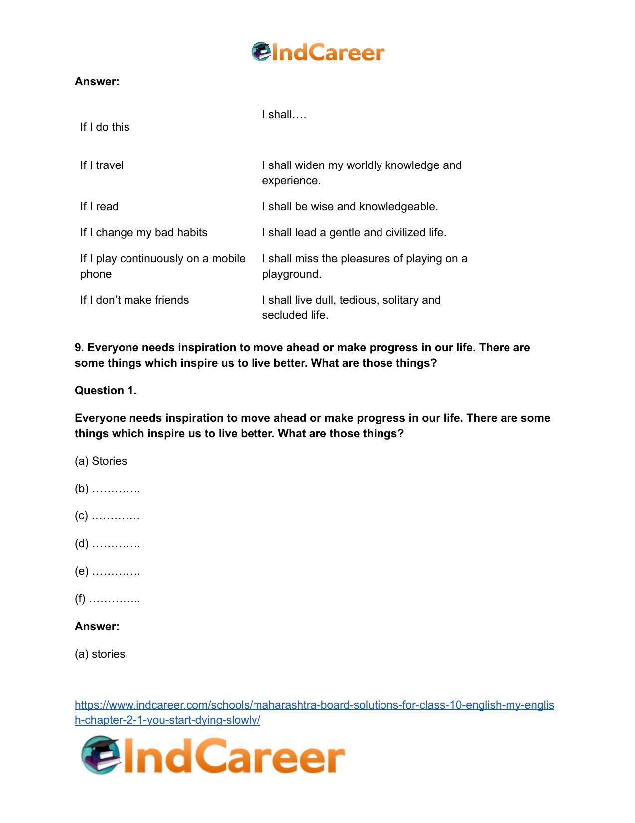 Maharashtra Board Solutions for Class 10- English (My English): Chapter 2.1- You Start Dying Slowly - Page 13