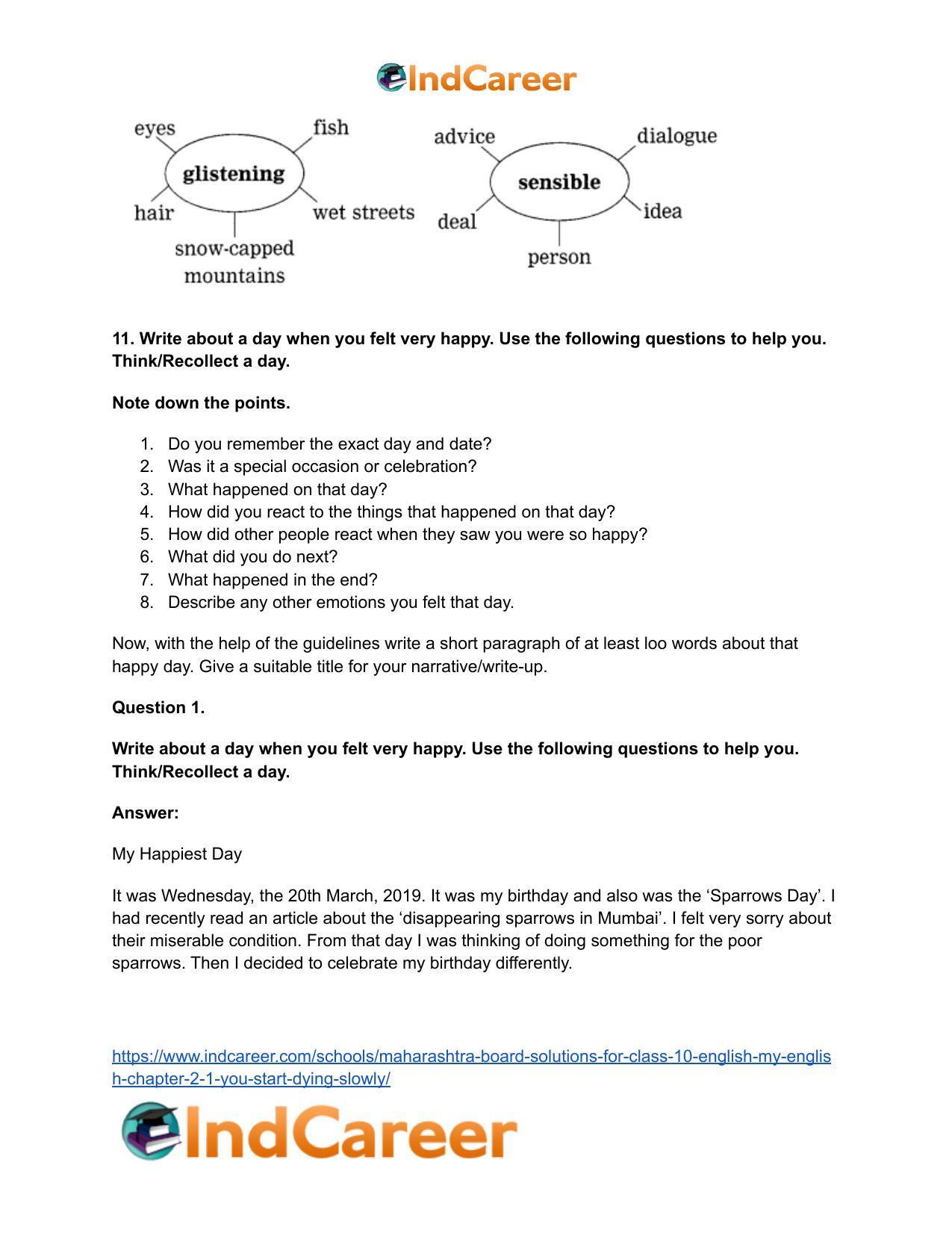 Maharashtra Board Solutions for Class 10- English (My English): Chapter 2.1- You Start Dying Slowly - Page 15