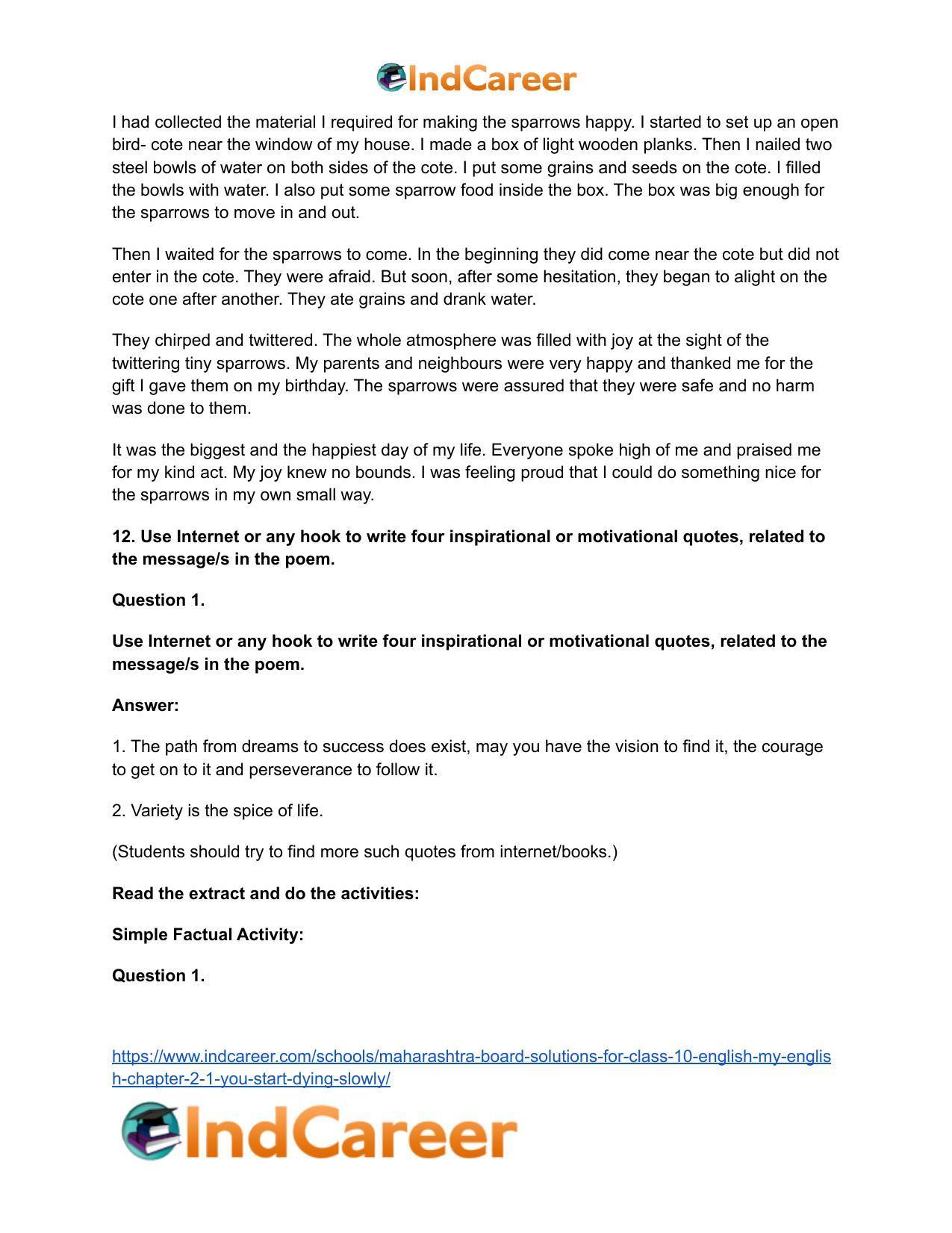 Maharashtra Board Solutions for Class 10- English (My English): Chapter 2.1- You Start Dying Slowly - Page 16