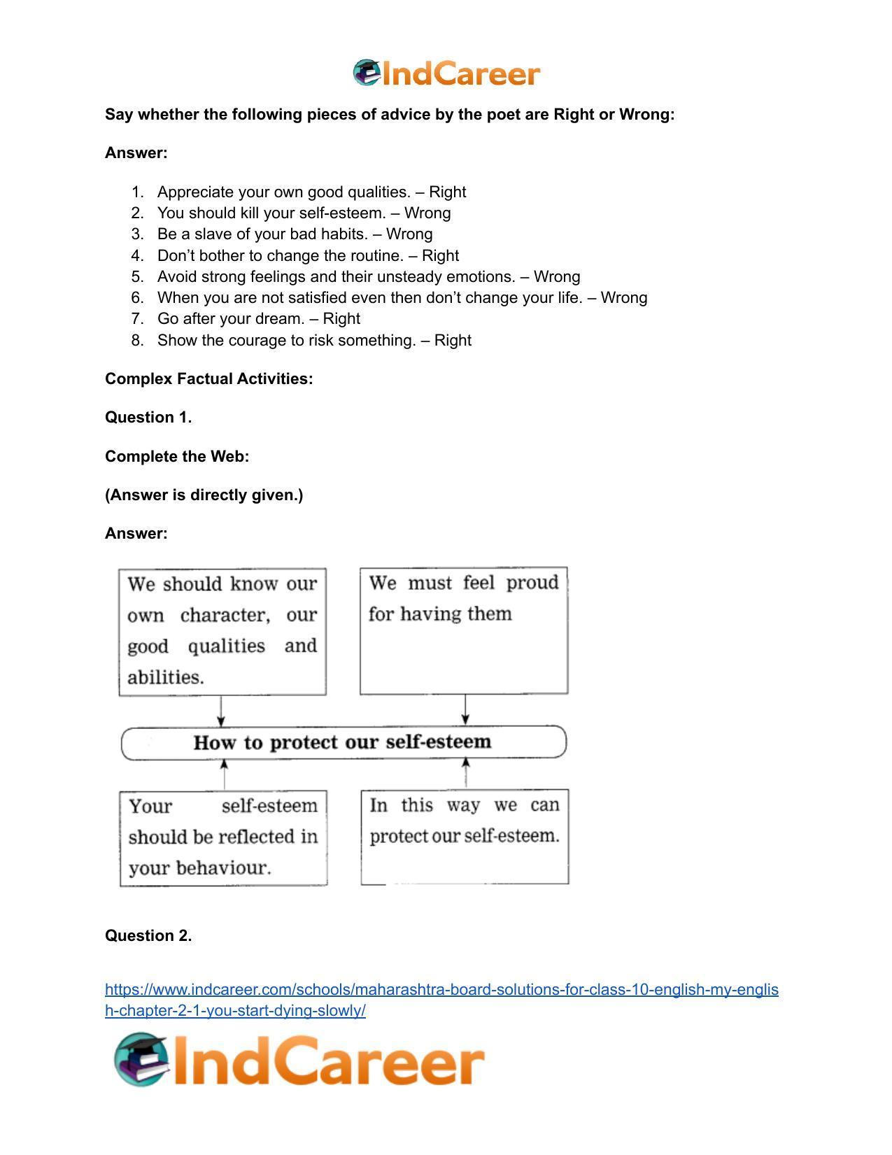 Maharashtra Board Solutions for Class 10- English (My English): Chapter 2.1- You Start Dying Slowly - Page 17