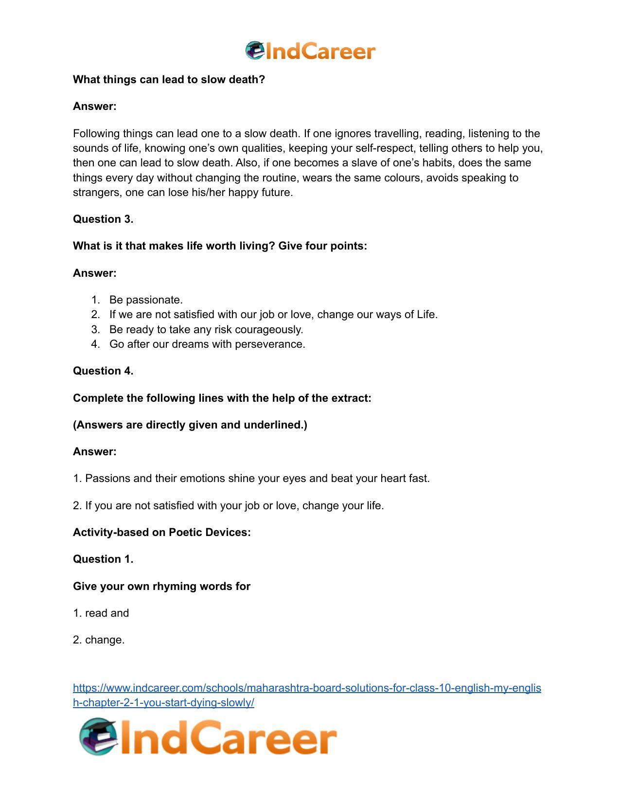 Maharashtra Board Solutions for Class 10- English (My English): Chapter 2.1- You Start Dying Slowly - Page 18