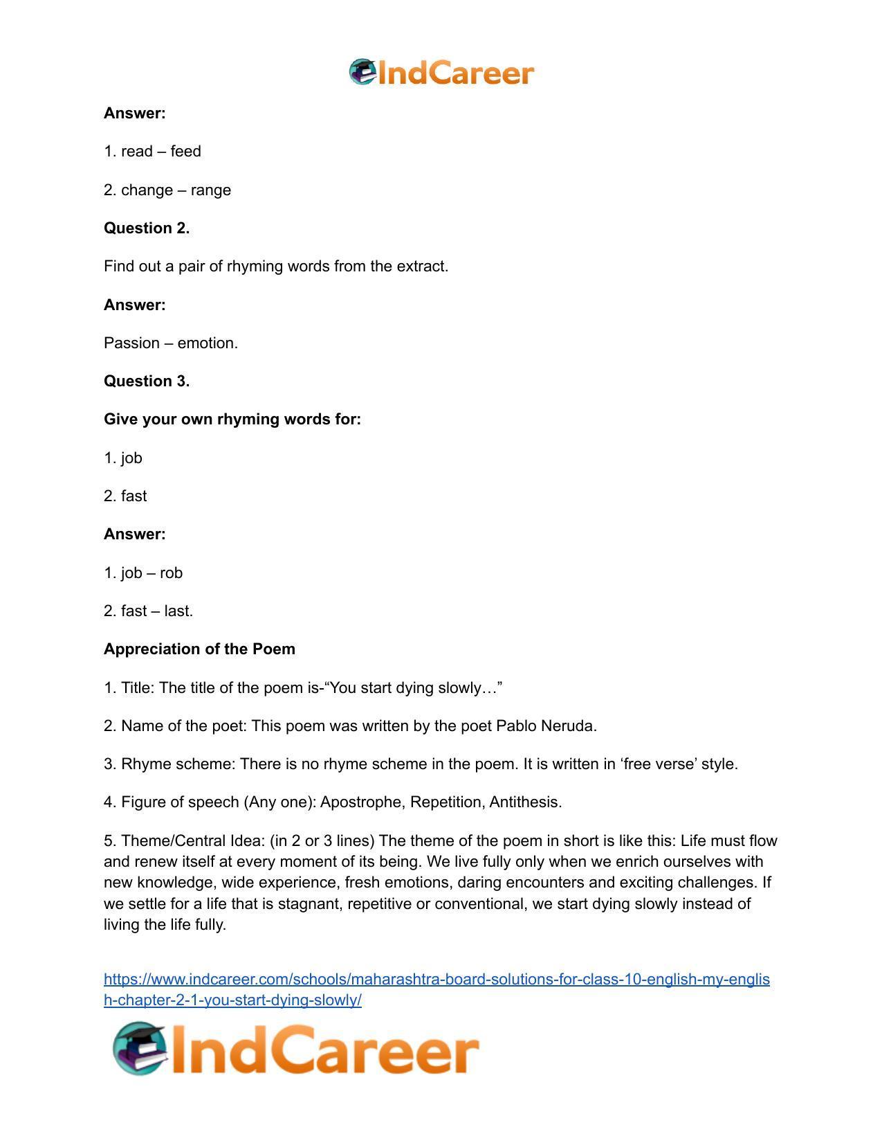 Maharashtra Board Solutions for Class 10- English (My English): Chapter 2.1- You Start Dying Slowly - Page 19