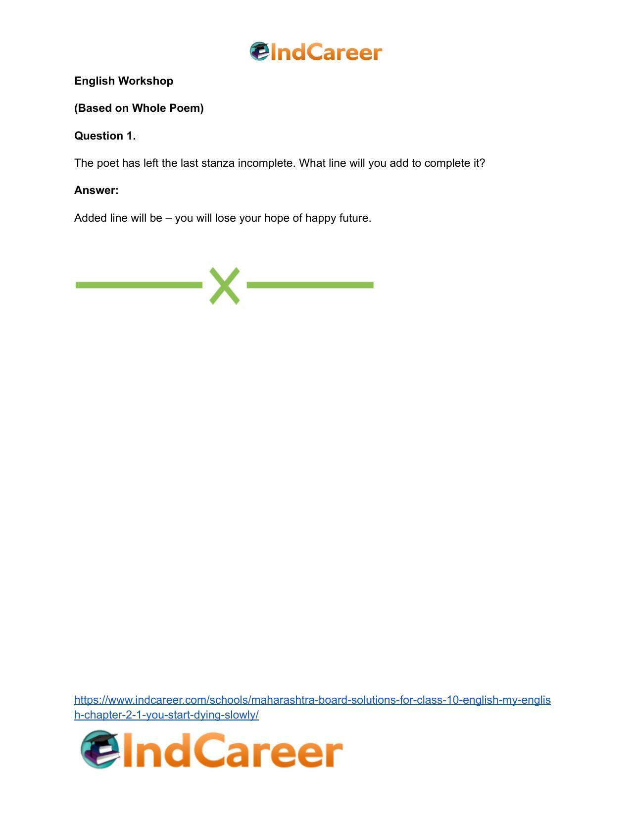 Maharashtra Board Solutions for Class 10- English (My English): Chapter 2.1- You Start Dying Slowly - Page 20