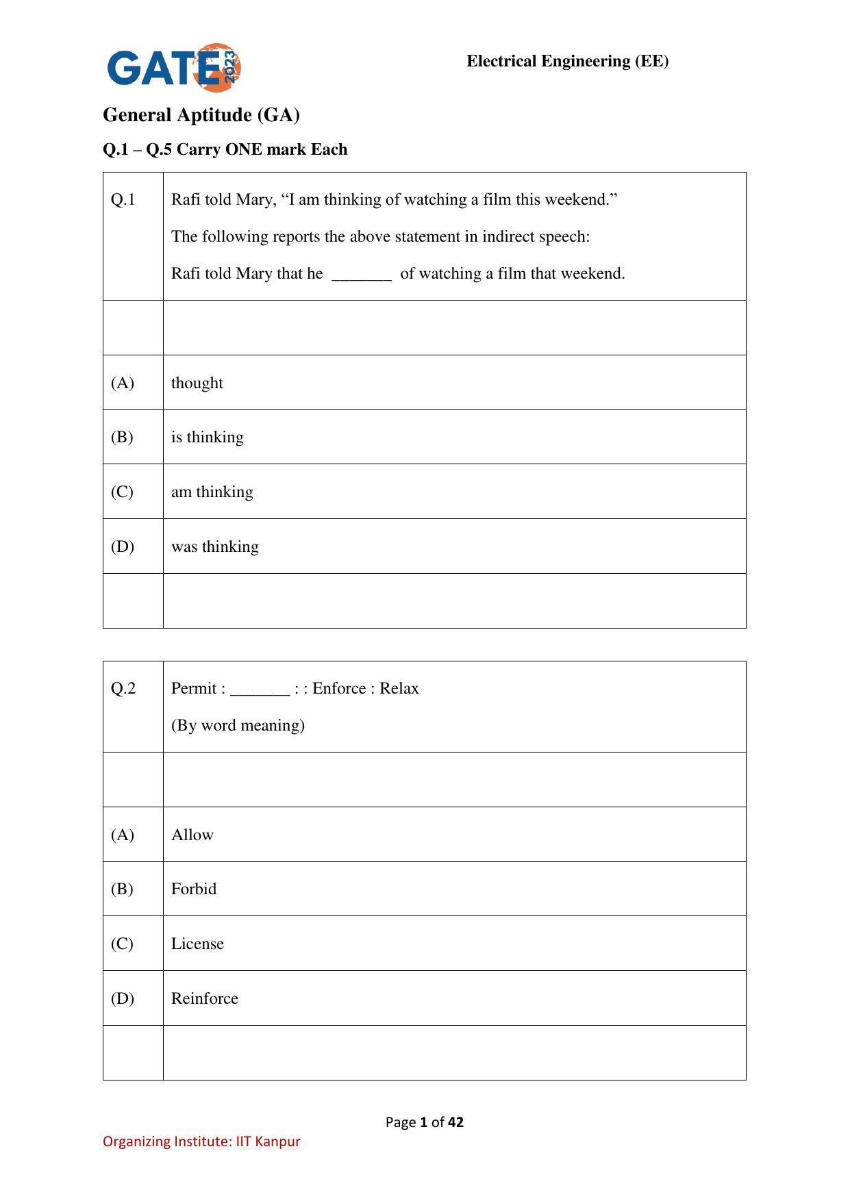 GATE 2023 Electrical Engineering (EE) Question Paper - Page 1