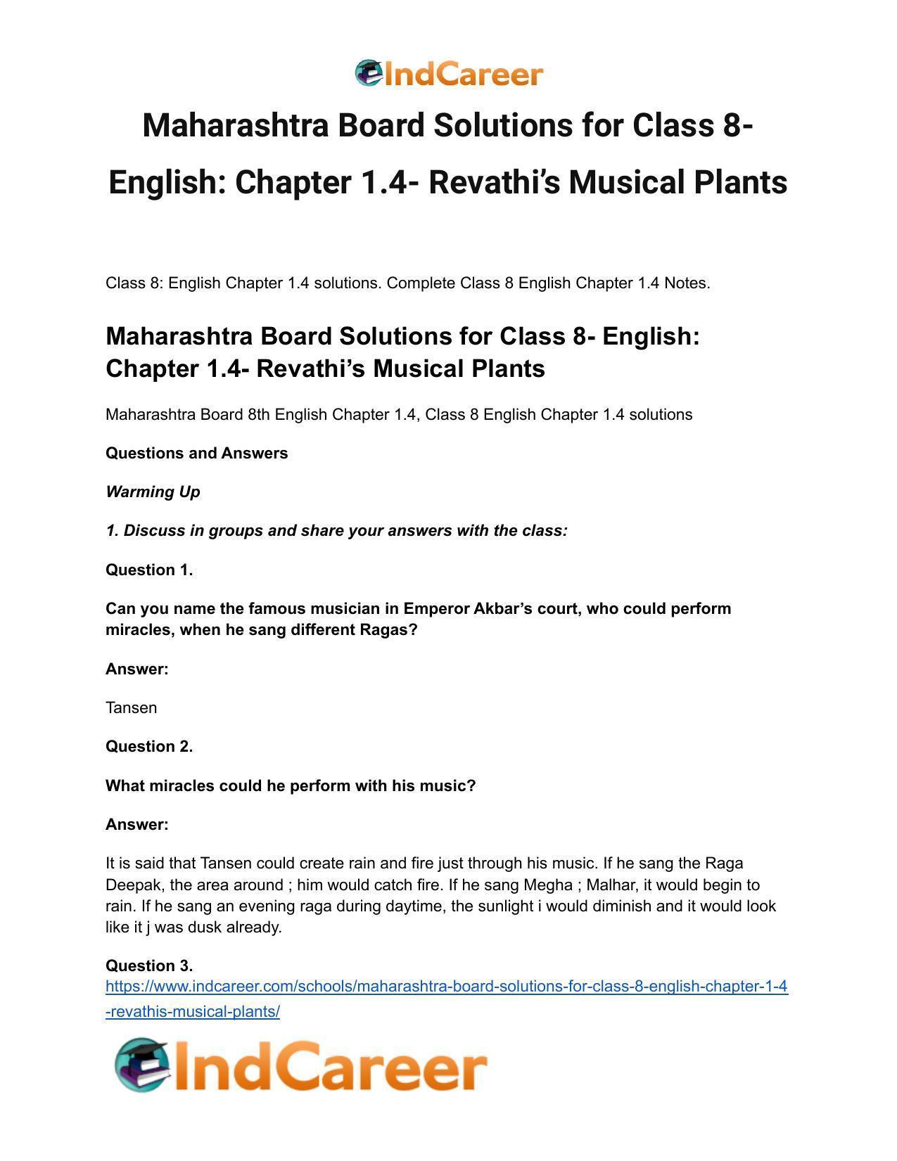 Maharashtra Board Solutions for Class 8- English: Chapter 1.4- Revathi’s Musical Plants - Page 2