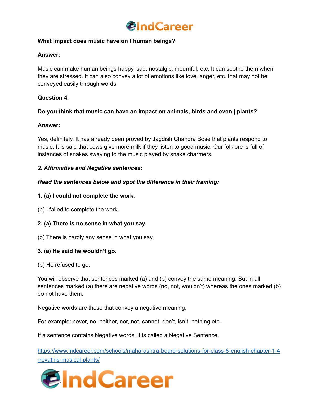Maharashtra Board Solutions for Class 8- English: Chapter 1.4- Revathi's  Musical Plants - IndCareer Docs