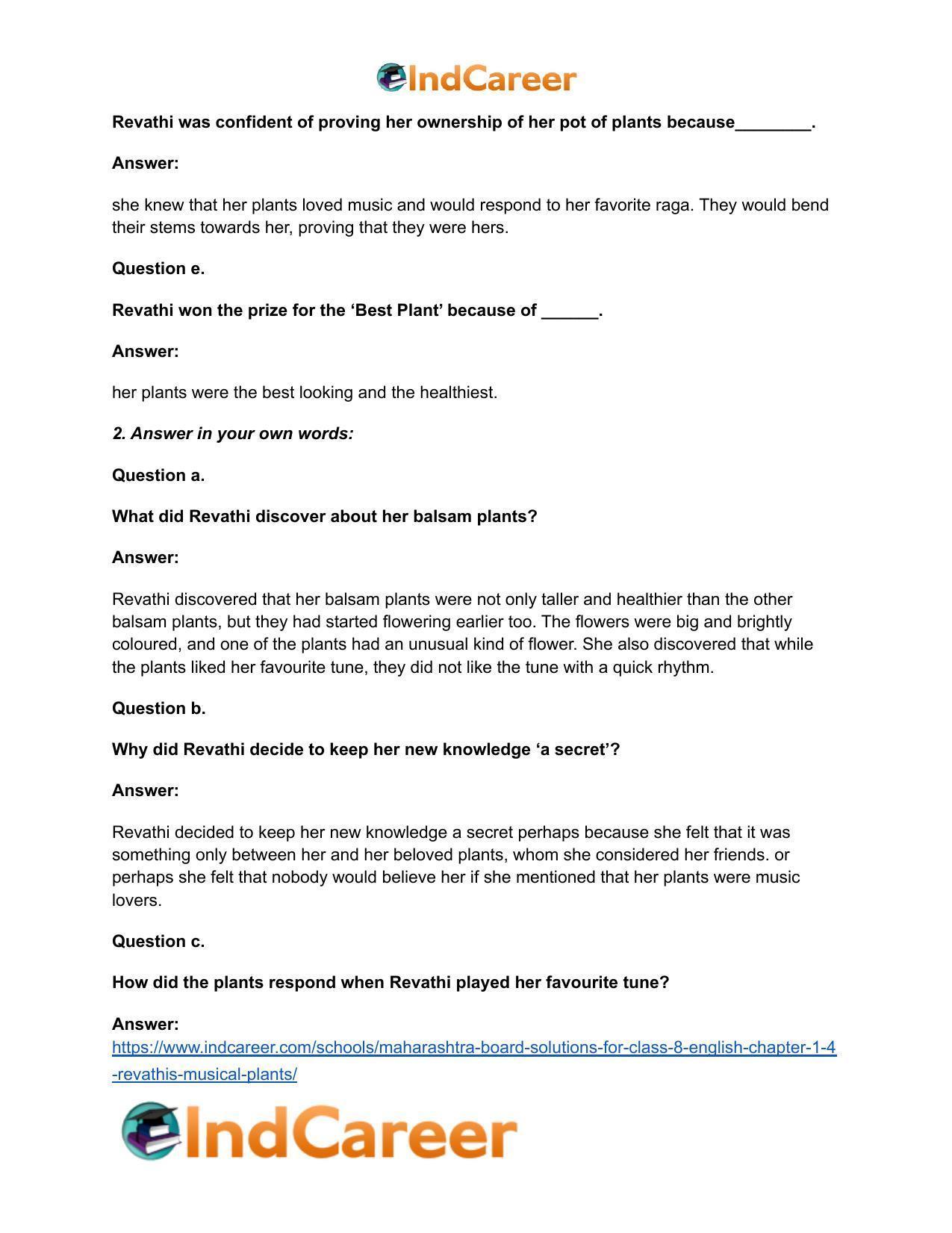 Maharashtra Board Solutions for Class 8- English: Chapter 1.4- Revathi’s Musical Plants - Page 6